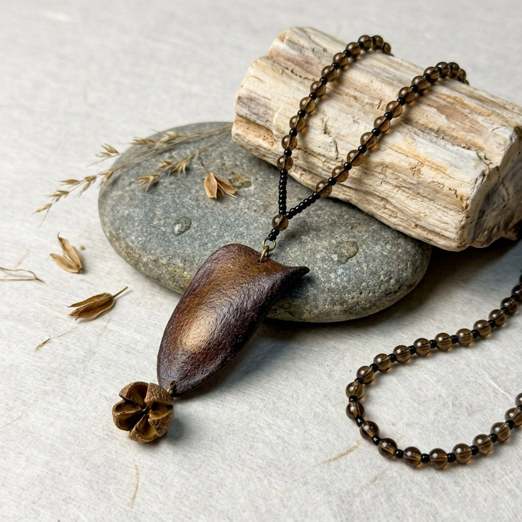 Handcrafted Botanical Pendant Necklace – Natural Sappanwood Pod & Schima Superba Seed Jewelry, Eastern Forest Energy Talisman, Spiritual Gift