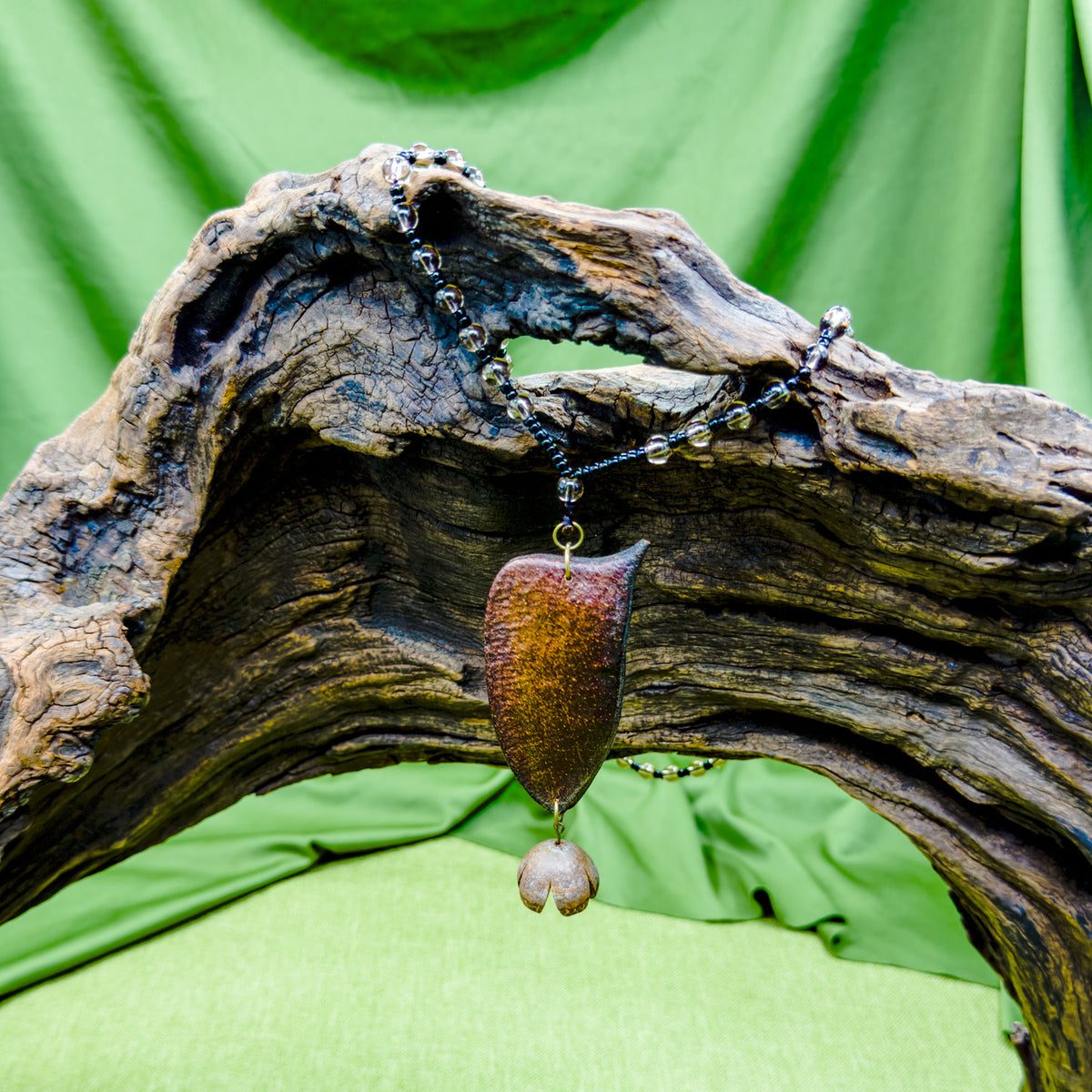 Handcrafted Botanical Pendant Necklace – Natural Sappanwood Pod & Schima Superba Seed Jewelry, Eastern Forest Energy Talisman, Spiritual Gift