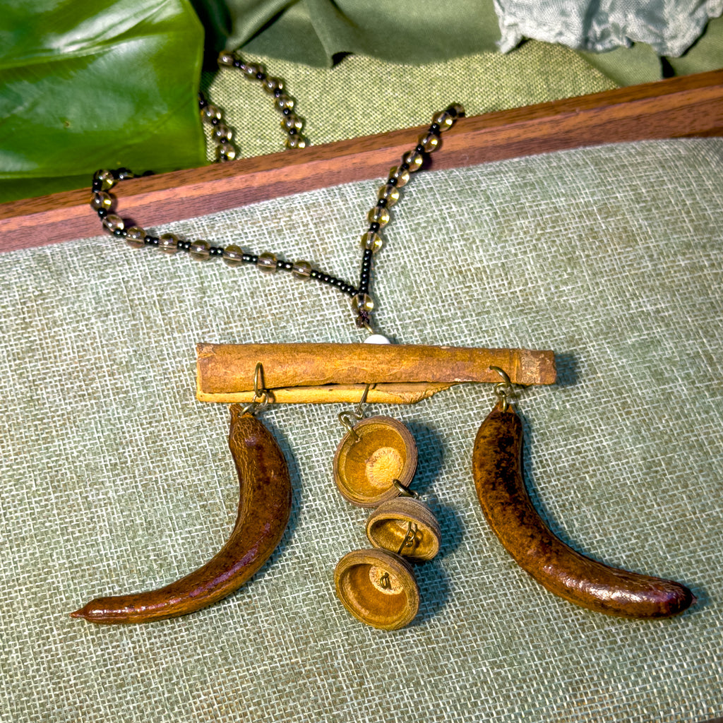 Handcrafted Botanical Necklace – Natural Cinnamon, Honeylocust Fruit & Acorn Cap Pendant, Eastern Forest Energy Talisman, Gift for Her