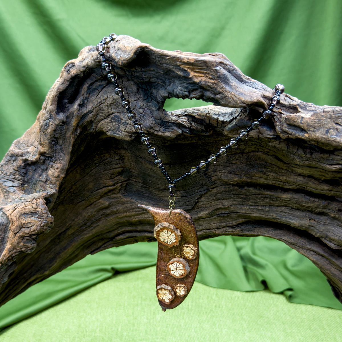 Handcrafted Botanical Necklace – Natural Sappanwood Pod & Sargentodoxa Vine Slice Pendant, Eastern Forest Energy Talisman, Spiritual Gift