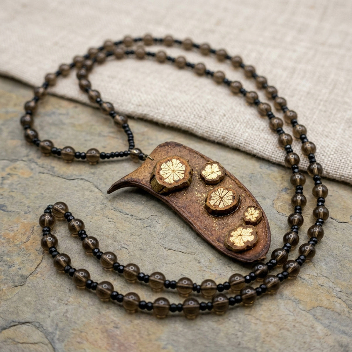 Handcrafted Botanical Necklace – Natural Sappanwood Pod & Sargentodoxa Vine Slice Pendant, Eastern Forest Energy Talisman, Spiritual Gift