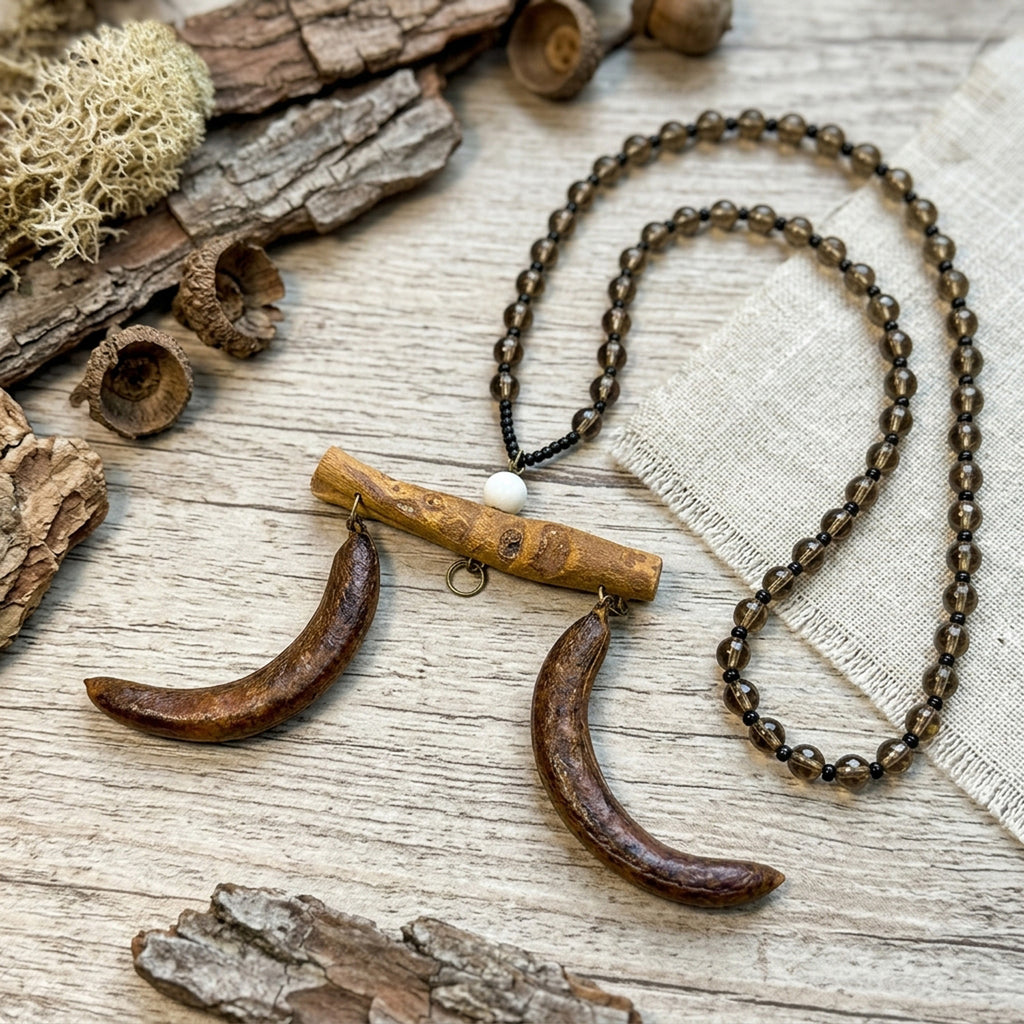 Handcrafted Botanical Necklace – Crescent Cinnamon Bark & Twin Honeylocust Pod Pendant, Aromatic Earth Energy Talisman, Zen Gift