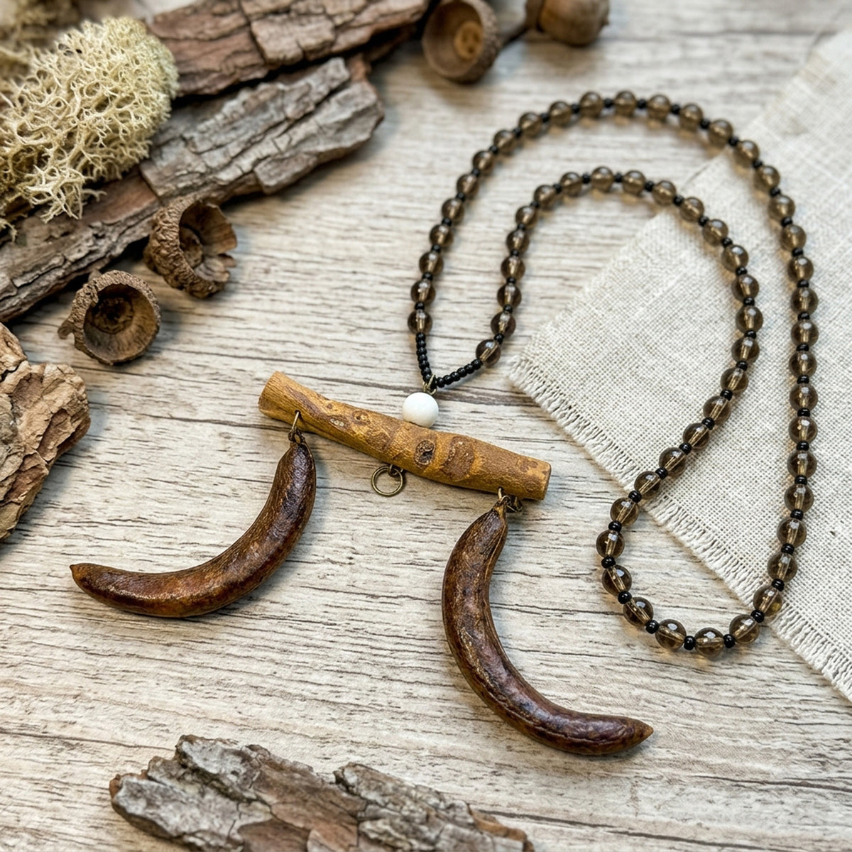 Handcrafted Botanical Necklace – Crescent Cinnamon Bark & Twin Honeylocust Pod Pendant, Aromatic Earth Energy Talisman, Zen Gift