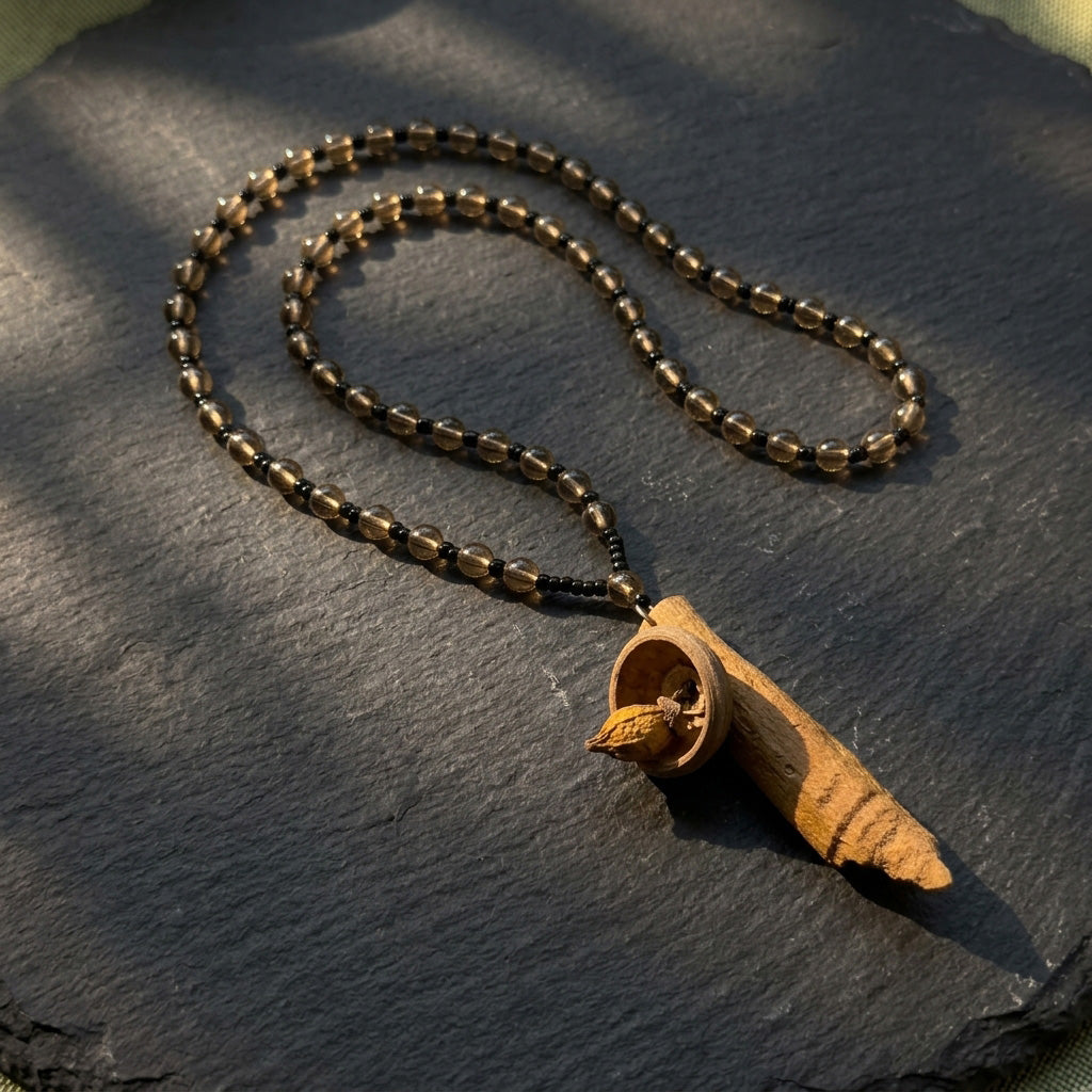 The Forest Alchemist, Handmade Cinnamon & Acorn Botanical Necklace, Meditation Jewelry, Herbal & Botanical Talisman