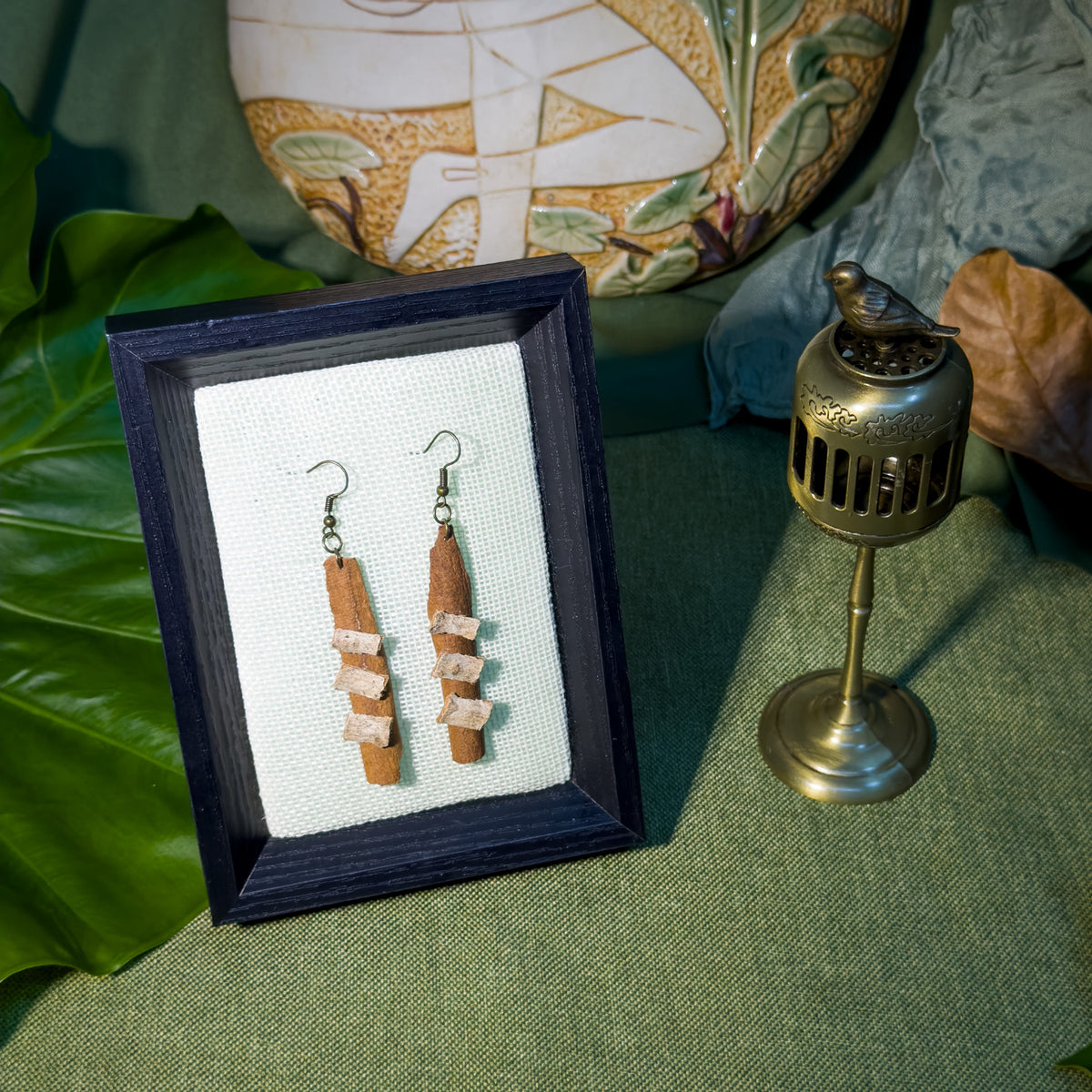 Handcrafted Botanical Drop Earrings – Natural Cinnamon & Houpoea Bark Dangle, Copper Alloy Hooks, Eastern Forest Energy Jewelry, Gift for Her