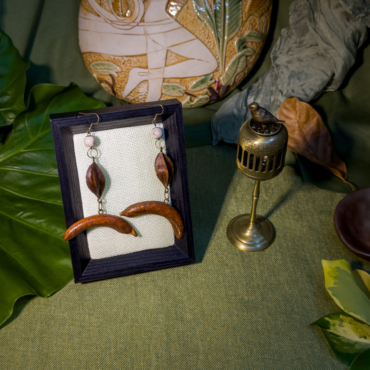 Handcrafted Botanical Dangle Earrings – Natural Quisqualis Seed & Crescent Honeylocust Fruit Drop, Ceramic Bead Accent, Copper Alloy Hooks, Eastern Forest Jewelry Gift