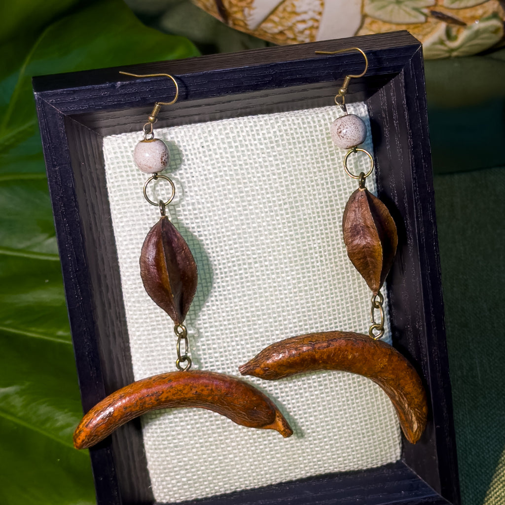 Handcrafted Botanical Dangle Earrings – Natural Quisqualis Seed & Crescent Honeylocust Fruit Drop, Ceramic Bead Accent, Copper Alloy Hooks, Eastern Forest Jewelry Gift
