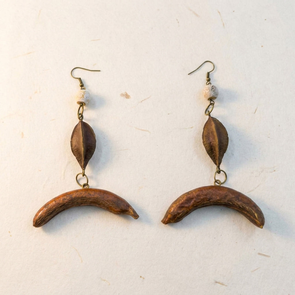 Handcrafted Botanical Dangle Earrings – Natural Quisqualis Seed & Crescent Honeylocust Fruit Drop, Ceramic Bead Accent, Copper Alloy Hooks, Eastern Forest Jewelry Gift