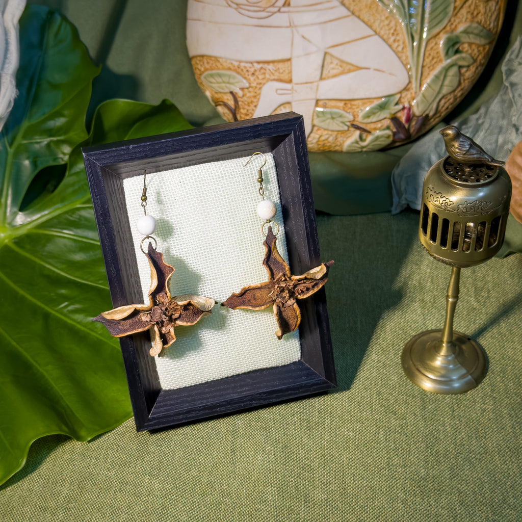 Handcrafted Botanical Dangle Earrings – Natural Cotton Shell Star Bloom Drop, Ceramic Bead Accent, Copper Alloy Hooks, Eastern Forest Energy Jewelry Gift