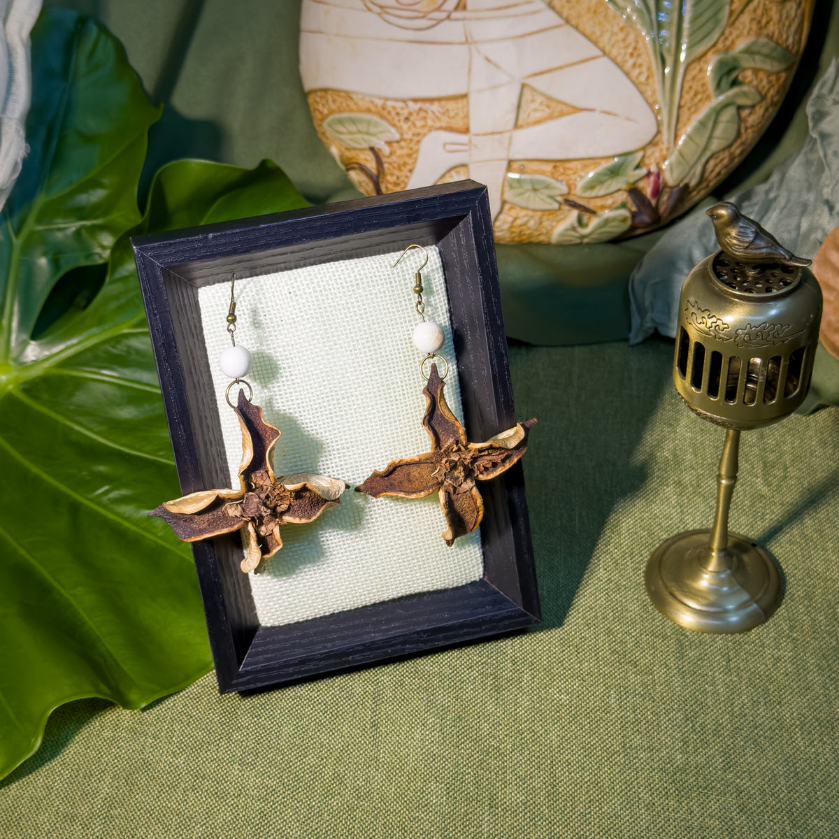 Handcrafted Botanical Dangle Earrings – Natural Cotton Shell Star Bloom Drop, Ceramic Bead Accent, Copper Alloy Hooks, Eastern Forest Energy Jewelry Gift