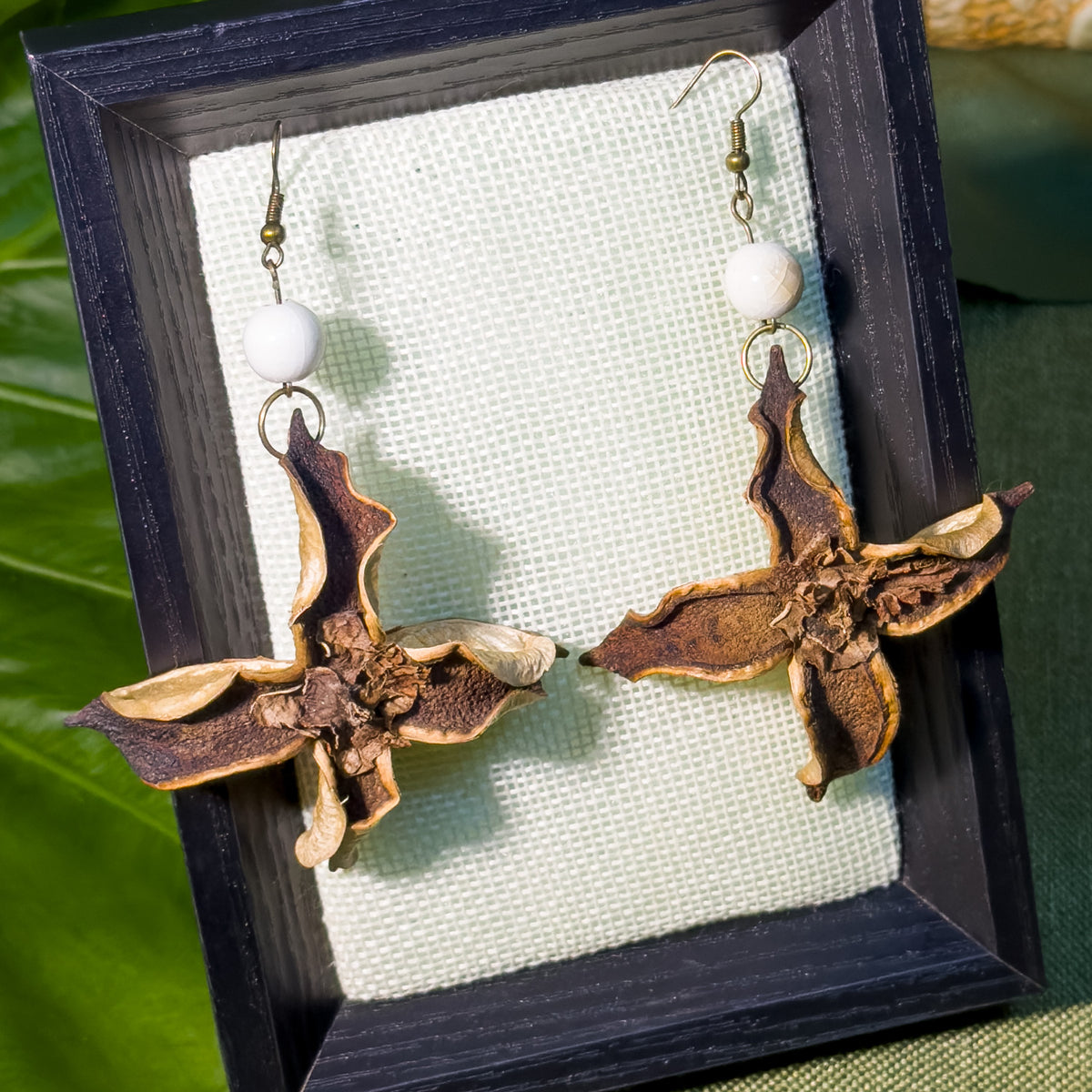 Handcrafted Botanical Dangle Earrings – Natural Cotton Shell Star Bloom Drop, Ceramic Bead Accent, Copper Alloy Hooks, Eastern Forest Energy Jewelry Gift