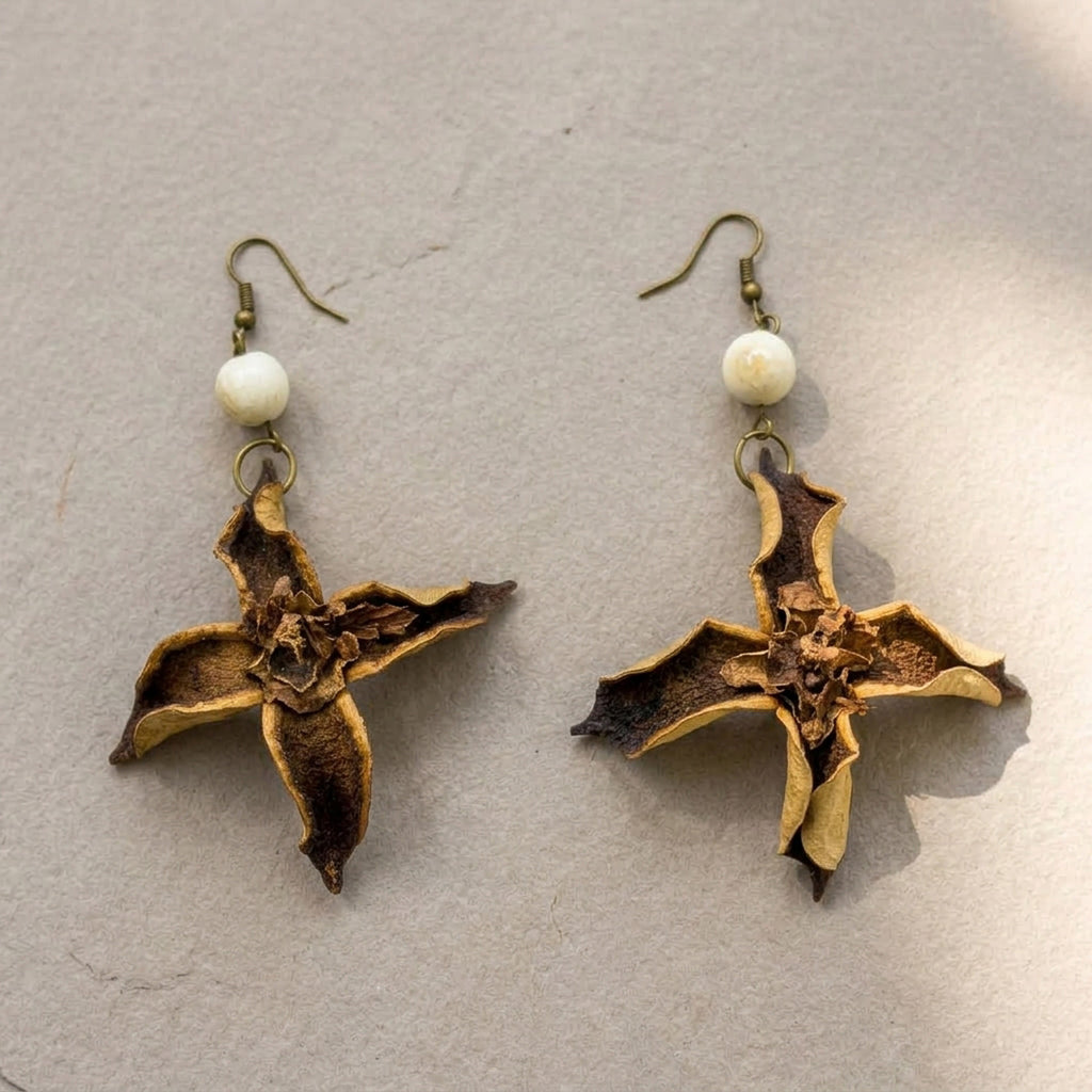 Handcrafted Botanical Dangle Earrings – Natural Cotton Shell Star Bloom Drop, Ceramic Bead Accent, Copper Alloy Hooks, Eastern Forest Energy Jewelry Gift