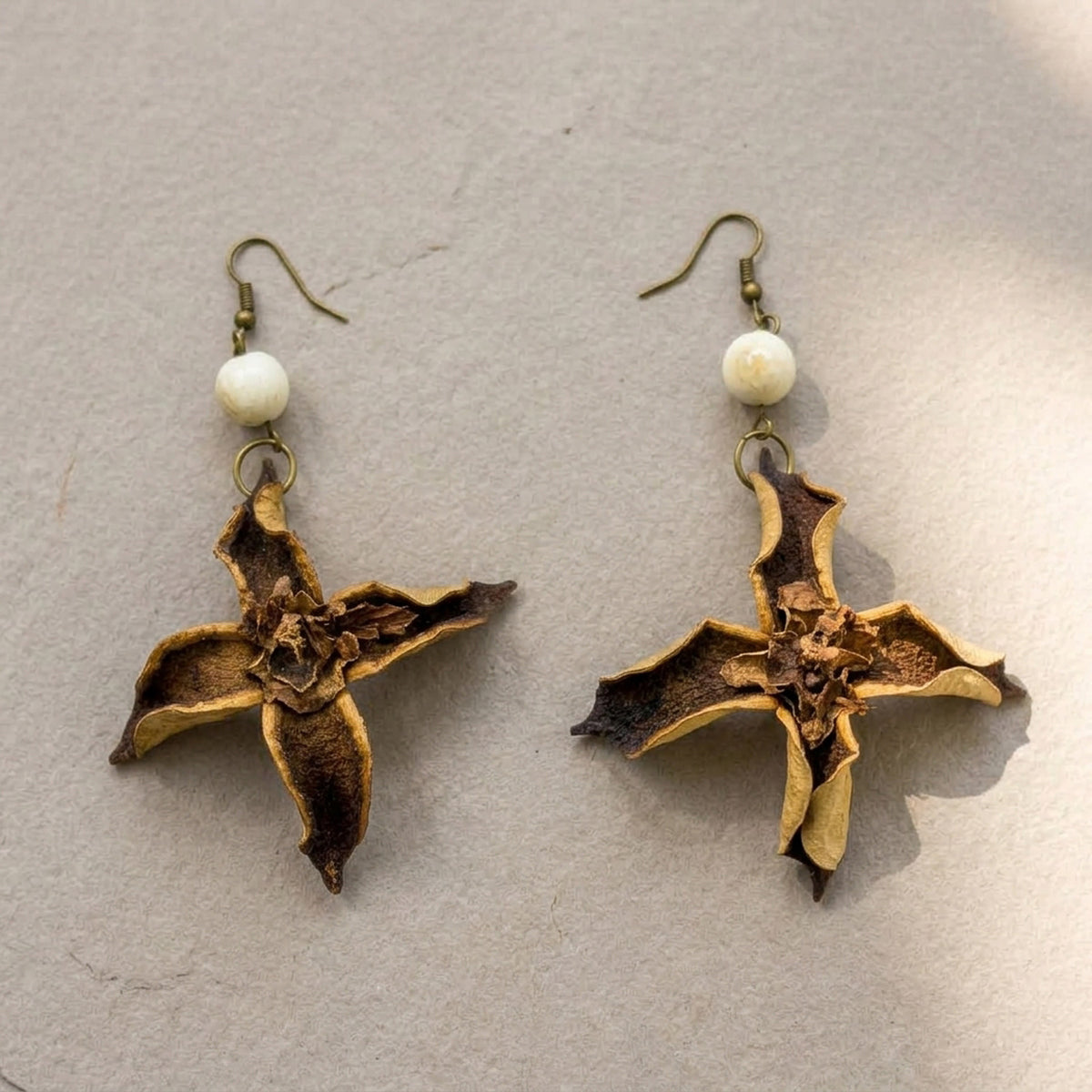 Handcrafted Botanical Dangle Earrings – Natural Cotton Shell Star Bloom Drop, Ceramic Bead Accent, Copper Alloy Hooks, Eastern Forest Energy Jewelry Gift