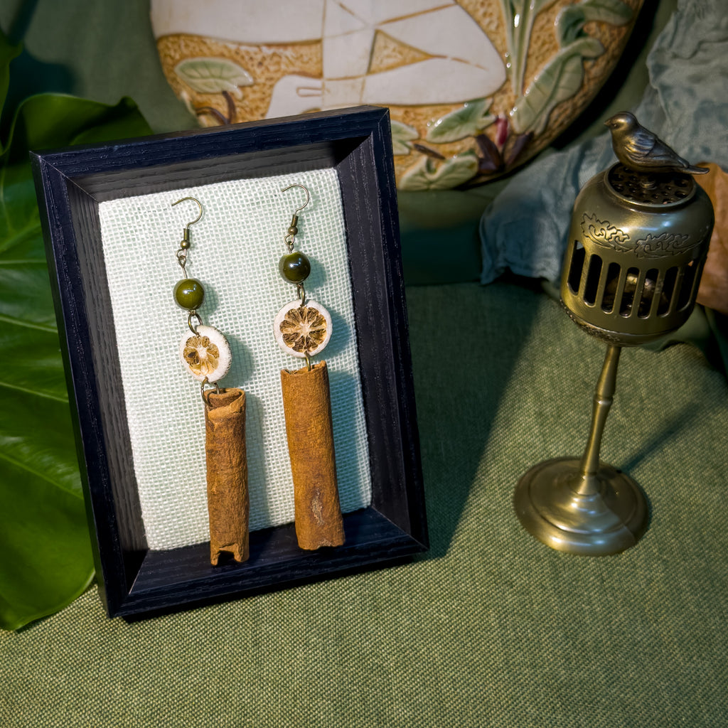 Handcrafted Botanical Drop Earrings – Natural Citrus Slice & Cinnamon Bark Dangle, Moss Green Ceramic Bead, Copper Alloy Hooks, Eastern Forest Energy Jewelry Gift