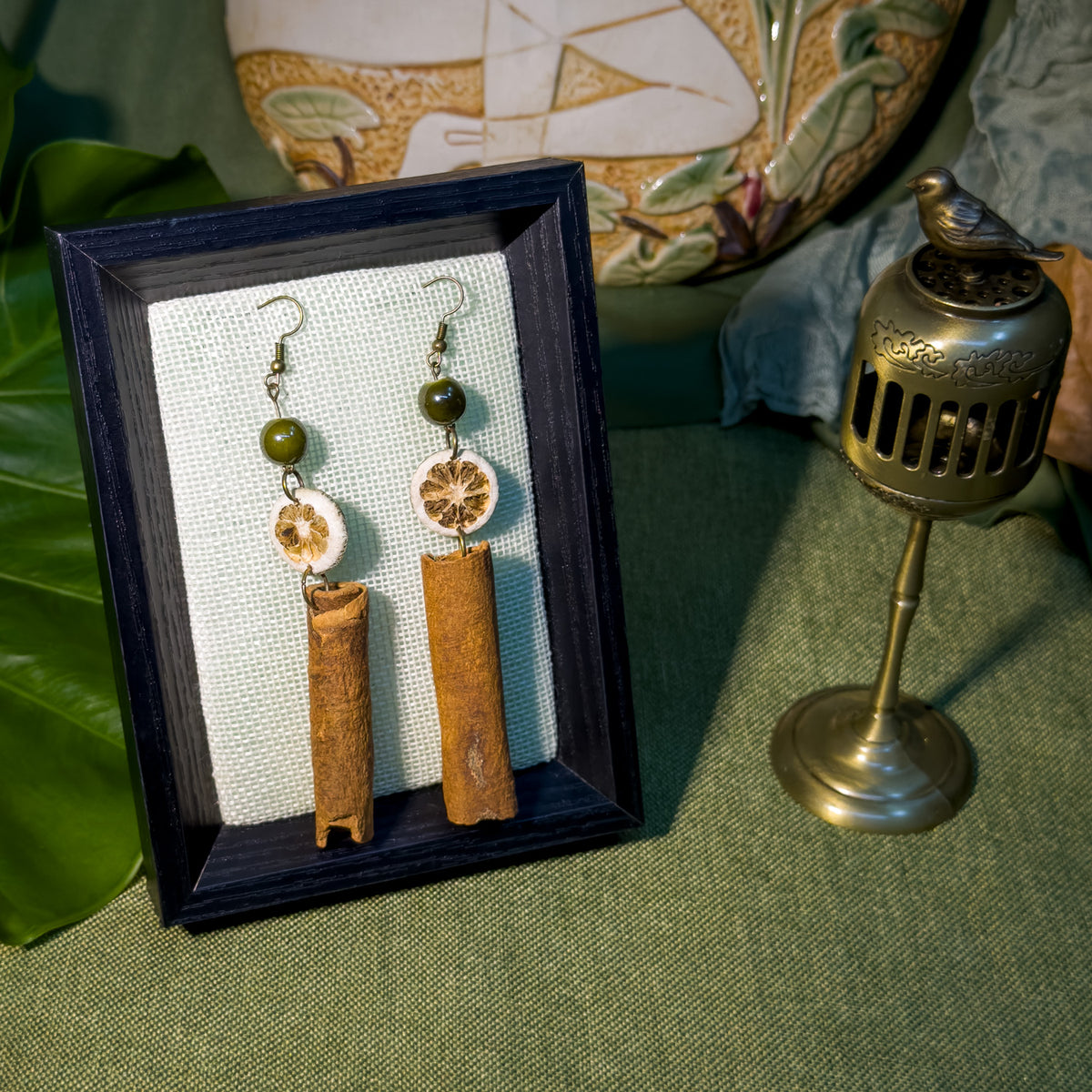 Handcrafted Botanical Drop Earrings – Natural Citrus Slice & Cinnamon Bark Dangle, Moss Green Ceramic Bead, Copper Alloy Hooks, Eastern Forest Energy Jewelry Gift