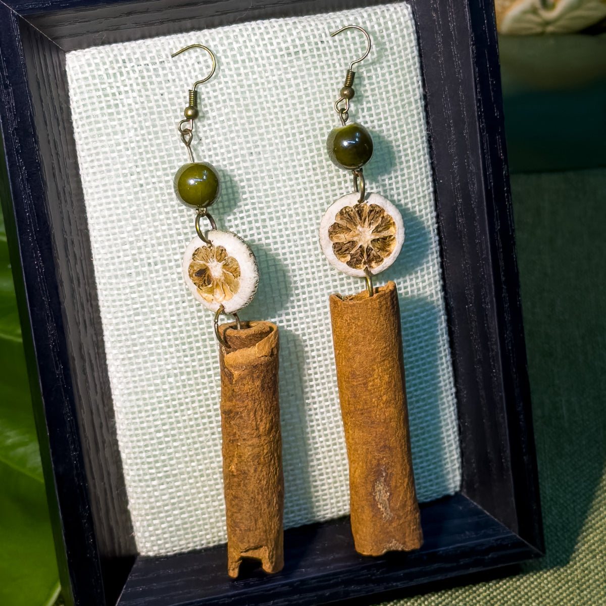 Handcrafted Botanical Drop Earrings – Natural Citrus Slice & Cinnamon Bark Dangle, Moss Green Ceramic Bead, Copper Alloy Hooks, Eastern Forest Energy Jewelry Gift