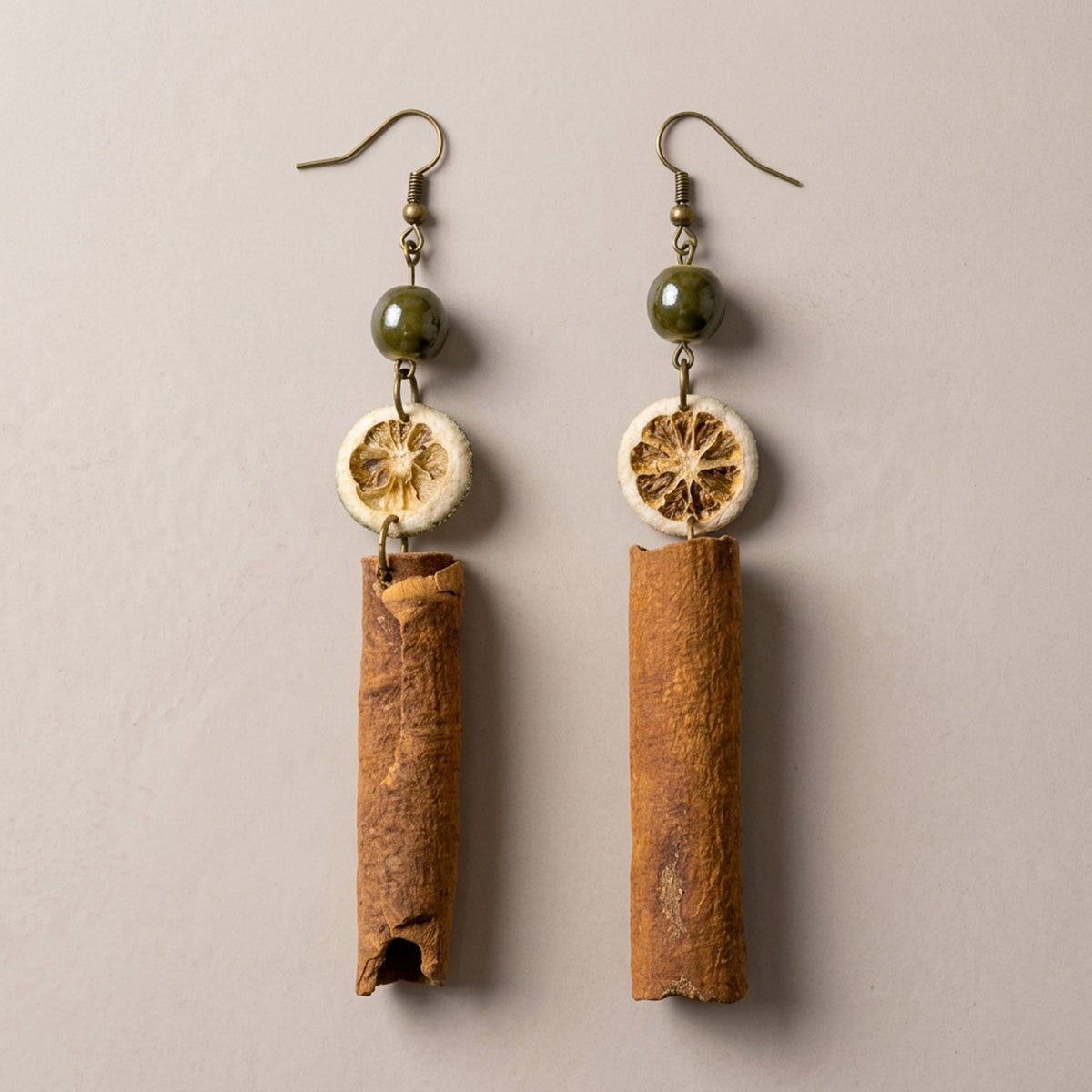 Handcrafted Botanical Drop Earrings – Natural Citrus Slice & Cinnamon Bark Dangle, Moss Green Ceramic Bead, Copper Alloy Hooks, Eastern Forest Energy Jewelry Gift